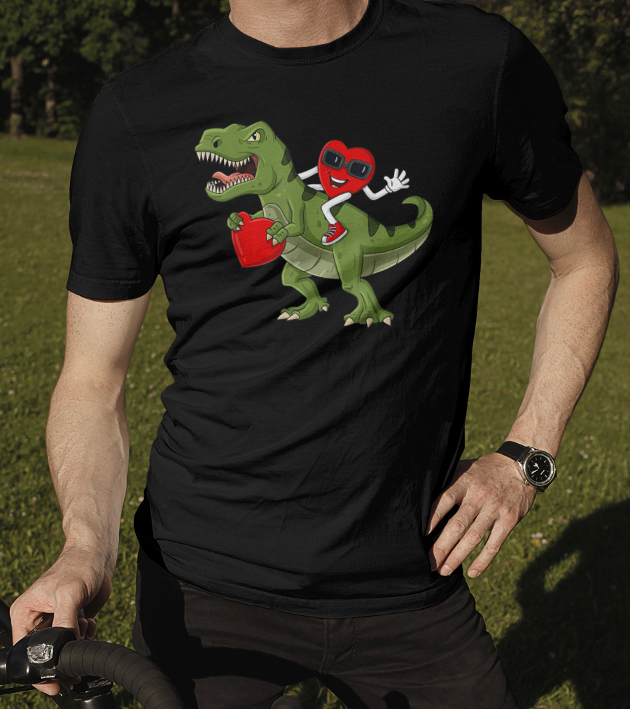 Heart Riding T-Rex Holding Valentines Day Hearts T-Shirt