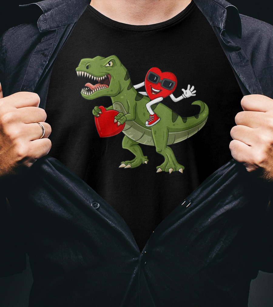 Heart Riding T-Rex Holding Valentines Day Hearts T-Shirt