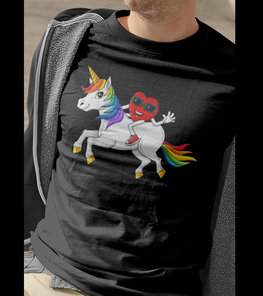 Heart Riding Rainbow Unicorn With Sunglasses And Sneakers T-Shirt