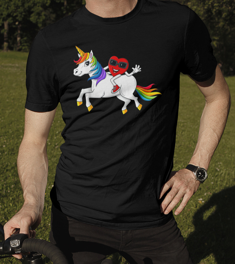 Heart Riding Rainbow Unicorn With Sunglasses And Sneakers T-Shirt