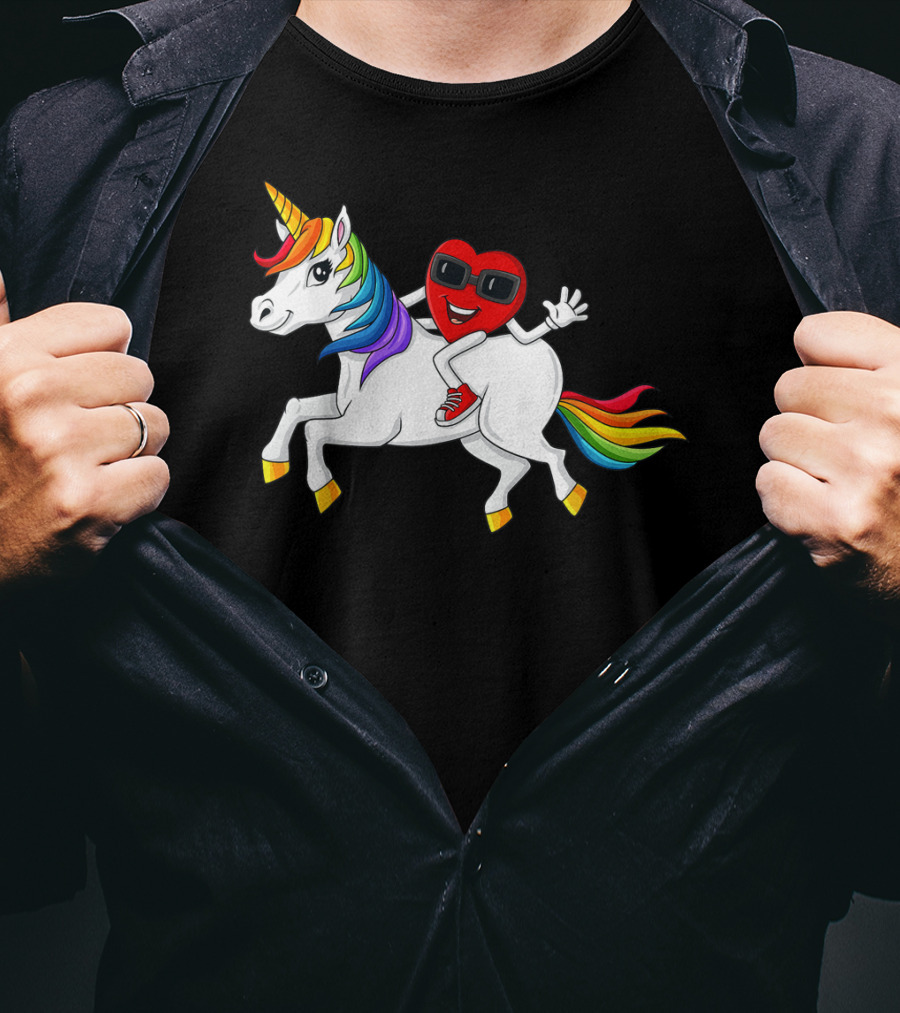 Heart Riding Rainbow Unicorn With Sunglasses And Sneakers T-Shirt