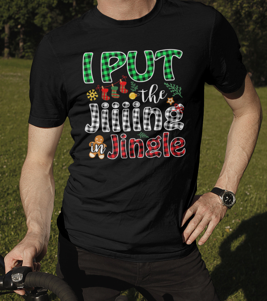 I Put The Jiiing In Jingle Christmas Buffalo Plaid Gingerbread Stockings Snowflake T-Shirt