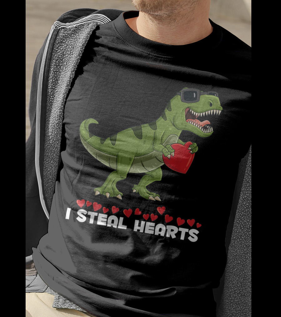 I Steal Hearts Dinosaur With Sunglasses Holding Red Heart Valentines Day T-Shirt