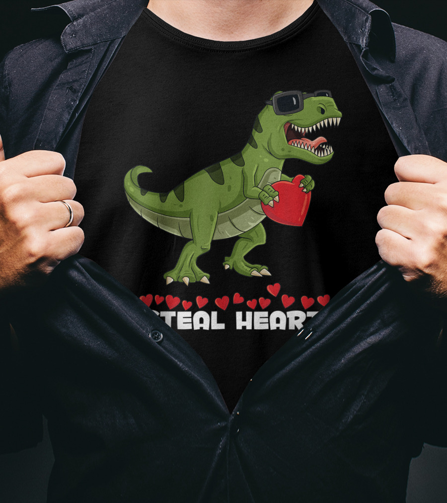 I Steal Hearts Dinosaur With Sunglasses Holding Red Heart Valentines Day T-Shirt