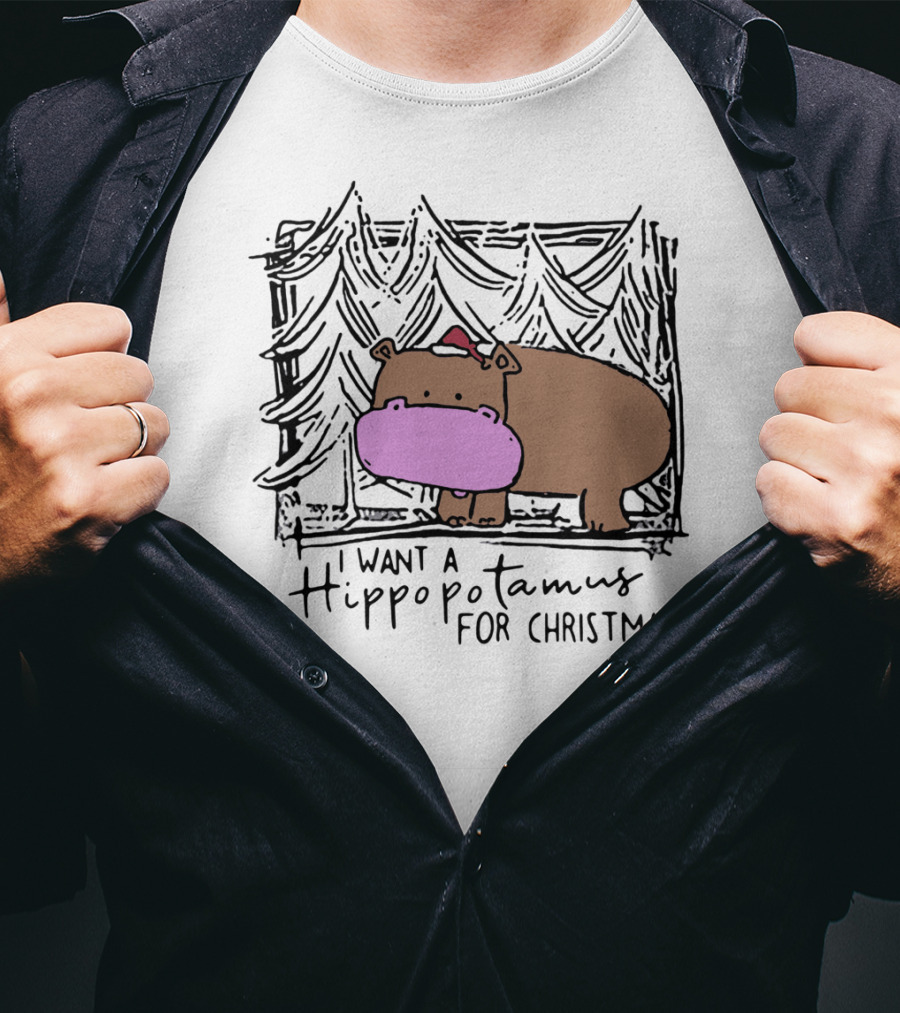 I Want A Hippopotamus For Christmas Hippo Santa Hat Festive T-Shirt