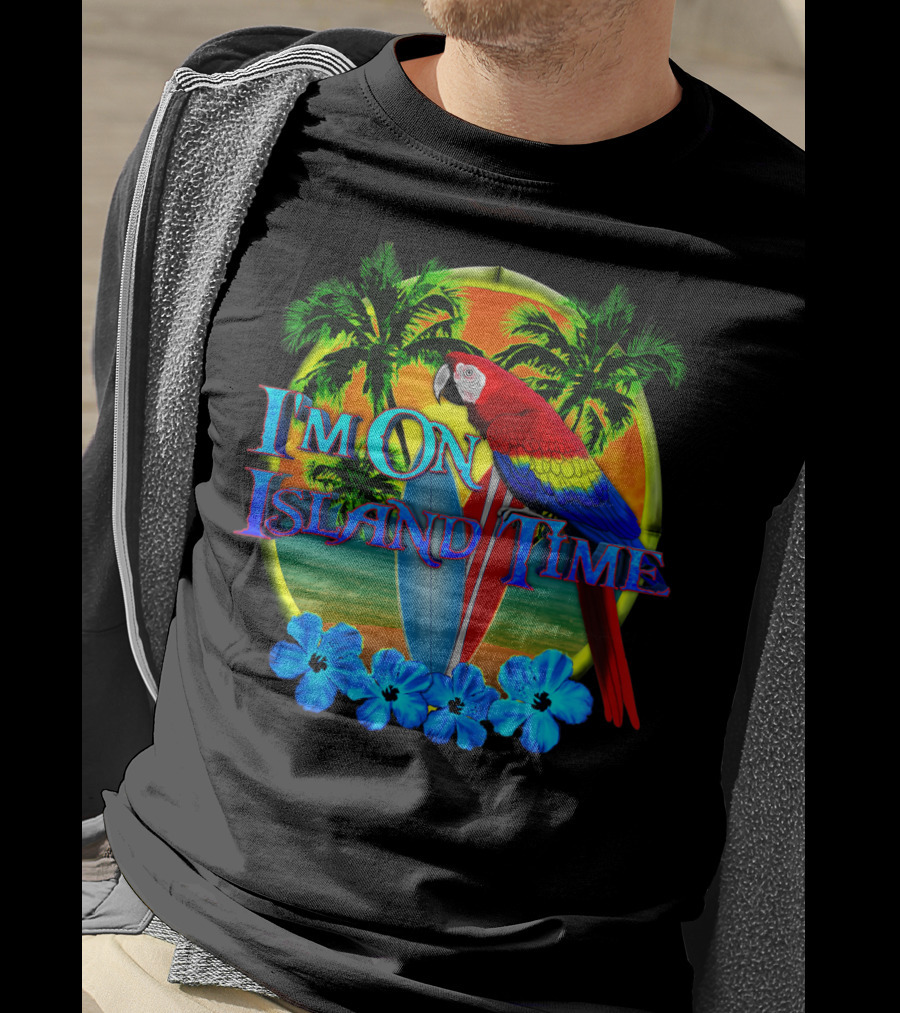 I'm On Island Time Parrot With Surfboards And Palm Trees Tropical Beach T-Shirt