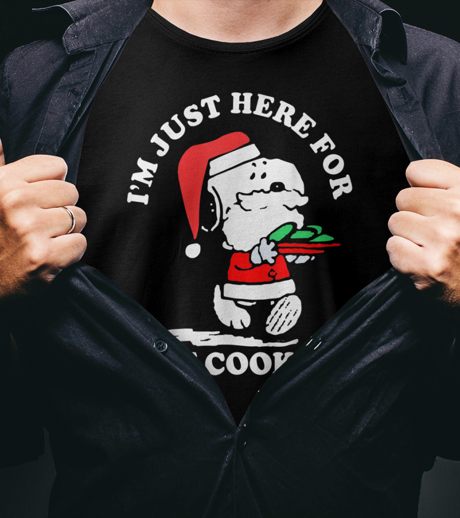 I'm Just Here For The Cookies Santa Hat Dog Carrying Christmas Cookies T-Shirt