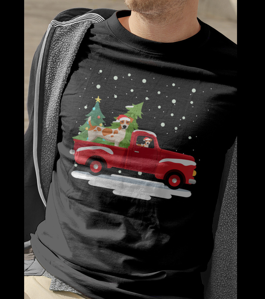 Jack Russell Terrier Santa Christmas Truck Holiday Scene Snowflakes And Trees T-Shirt