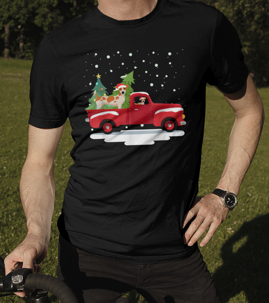 Jack Russell Terrier Santa Christmas Truck Holiday Scene Snowflakes And Trees T-Shirt