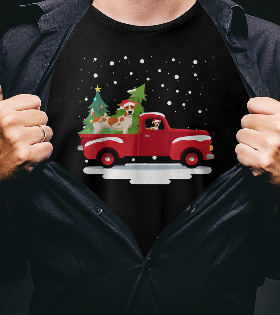 Jack Russell Terrier Santa Christmas Truck Holiday Scene Snowflakes And Trees T-Shirt