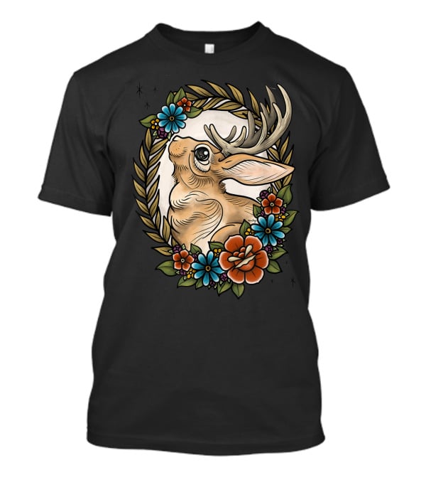Jackalope Surrounded By Colorful Flowers And Leaves T-Shirt