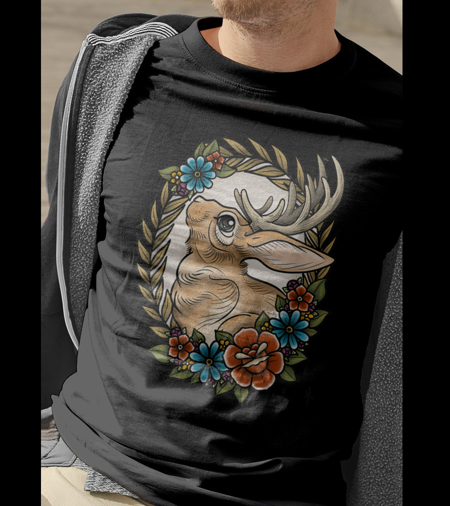 Jackalope Surrounded By Colorful Flowers And Leaves T-Shirt
