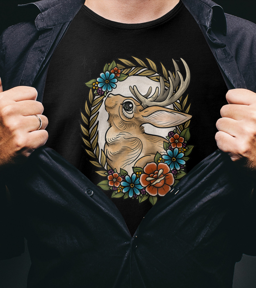 Jackalope Surrounded By Colorful Flowers And Leaves T-Shirt