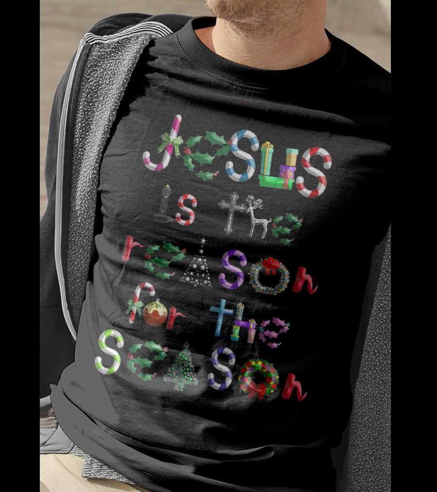 Jesus Is The Reason For The Season Christmas Symbols Candy Canes Holly Cross Reindeer Tree Bow T-Shirt