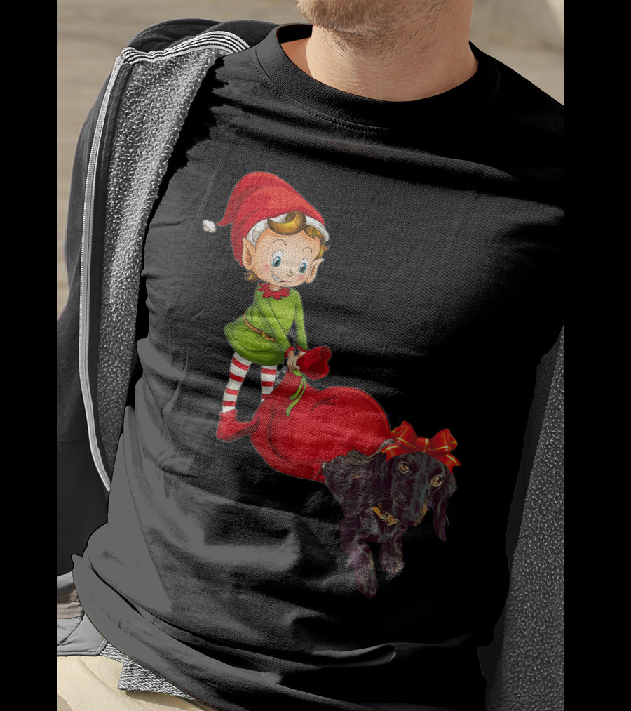 Kids Elf With Red Gift Sack And Black Dog In Santa Hat T-Shirt