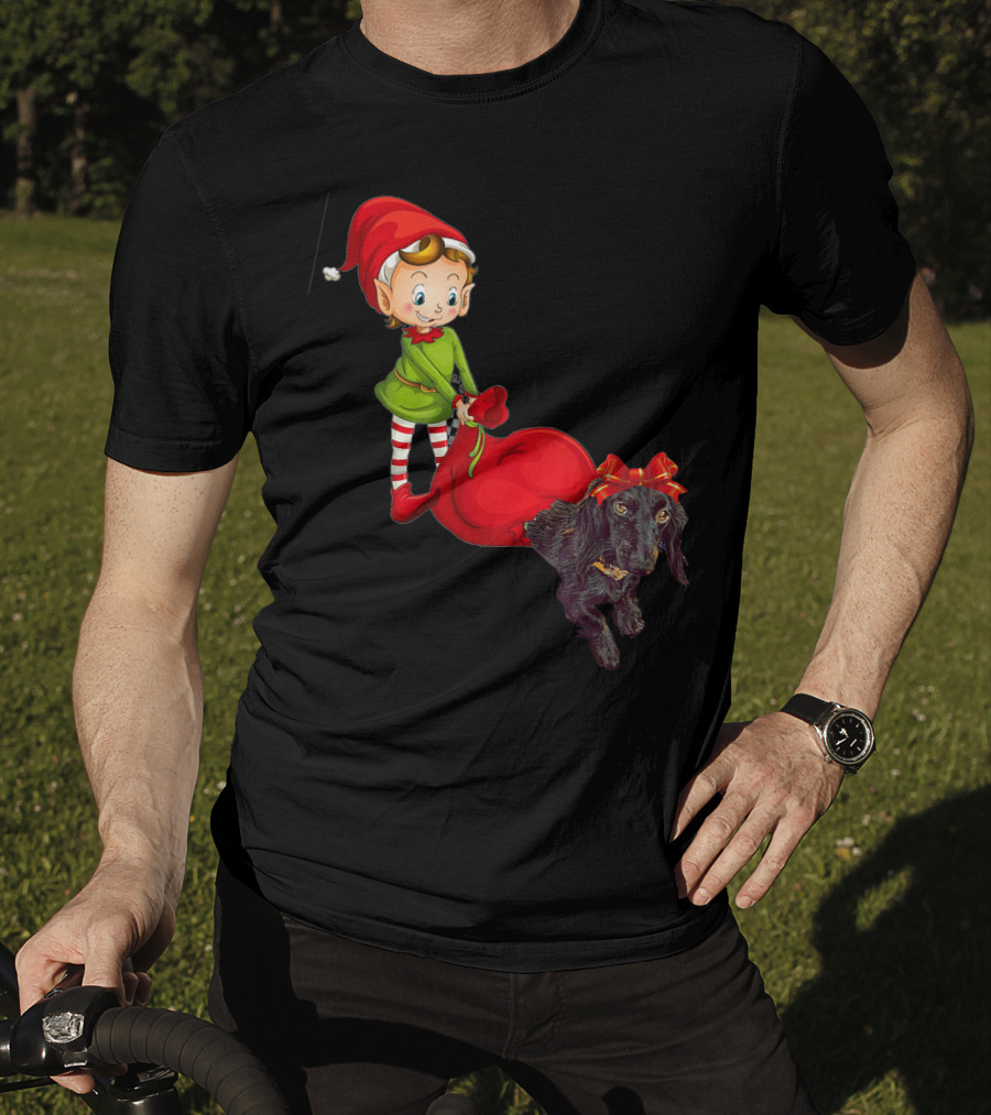 Kids Elf With Red Gift Sack And Black Dog In Santa Hat T-Shirt