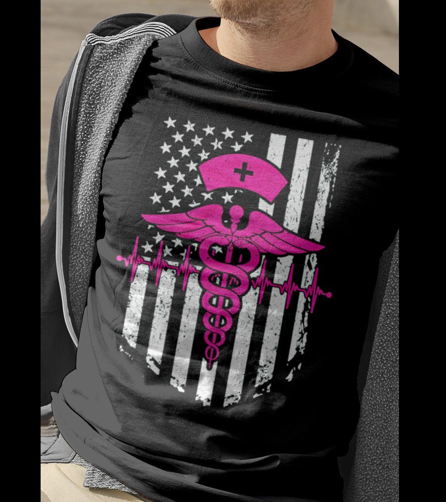 Nurse Pink Caduceus With USA Flag And Heartbeat T-Shirt