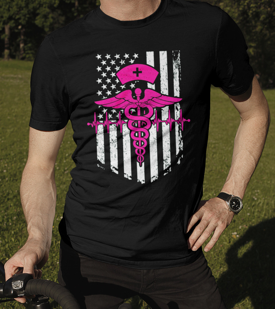 Nurse Pink Caduceus With USA Flag And Heartbeat T-Shirt