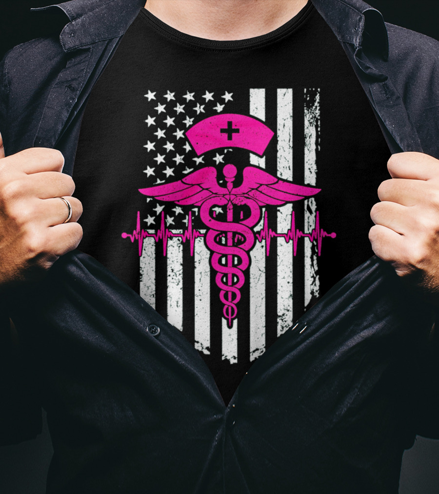 Nurse Pink Caduceus With USA Flag And Heartbeat T-Shirt