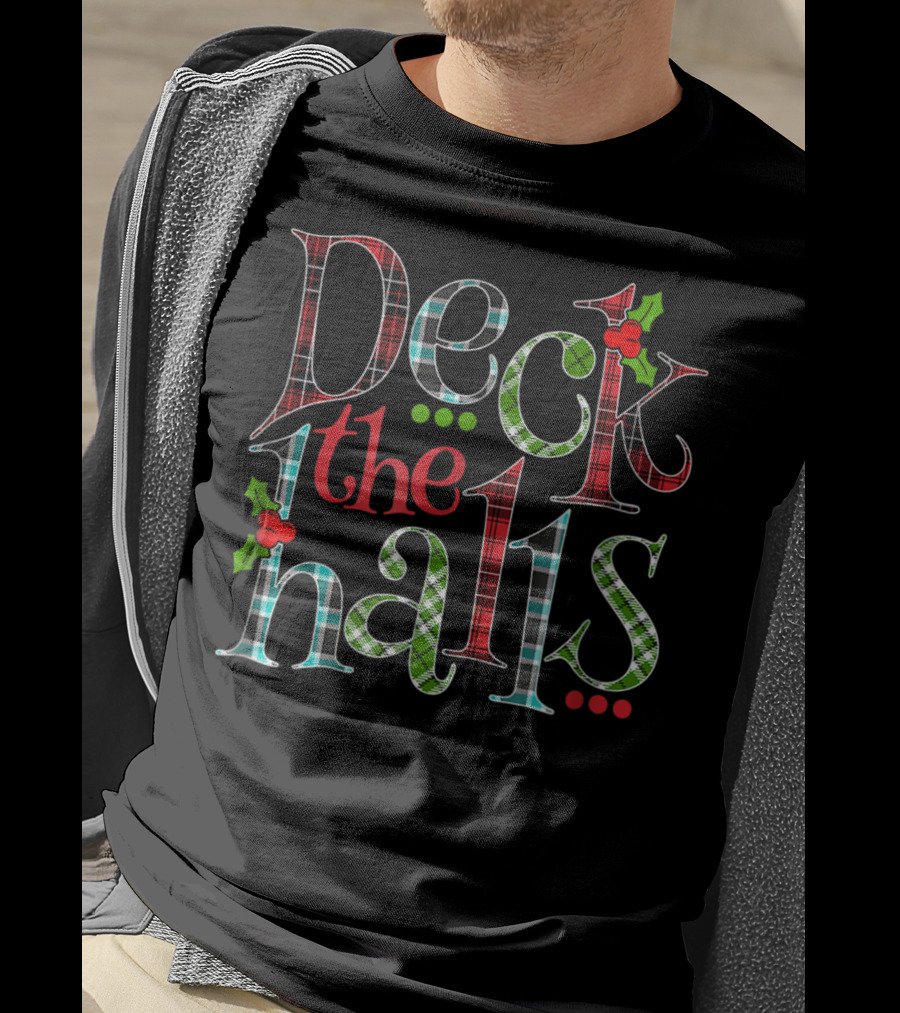 Mens Deck The Halls Holiday Plaid Holly Christmas T-Shirt