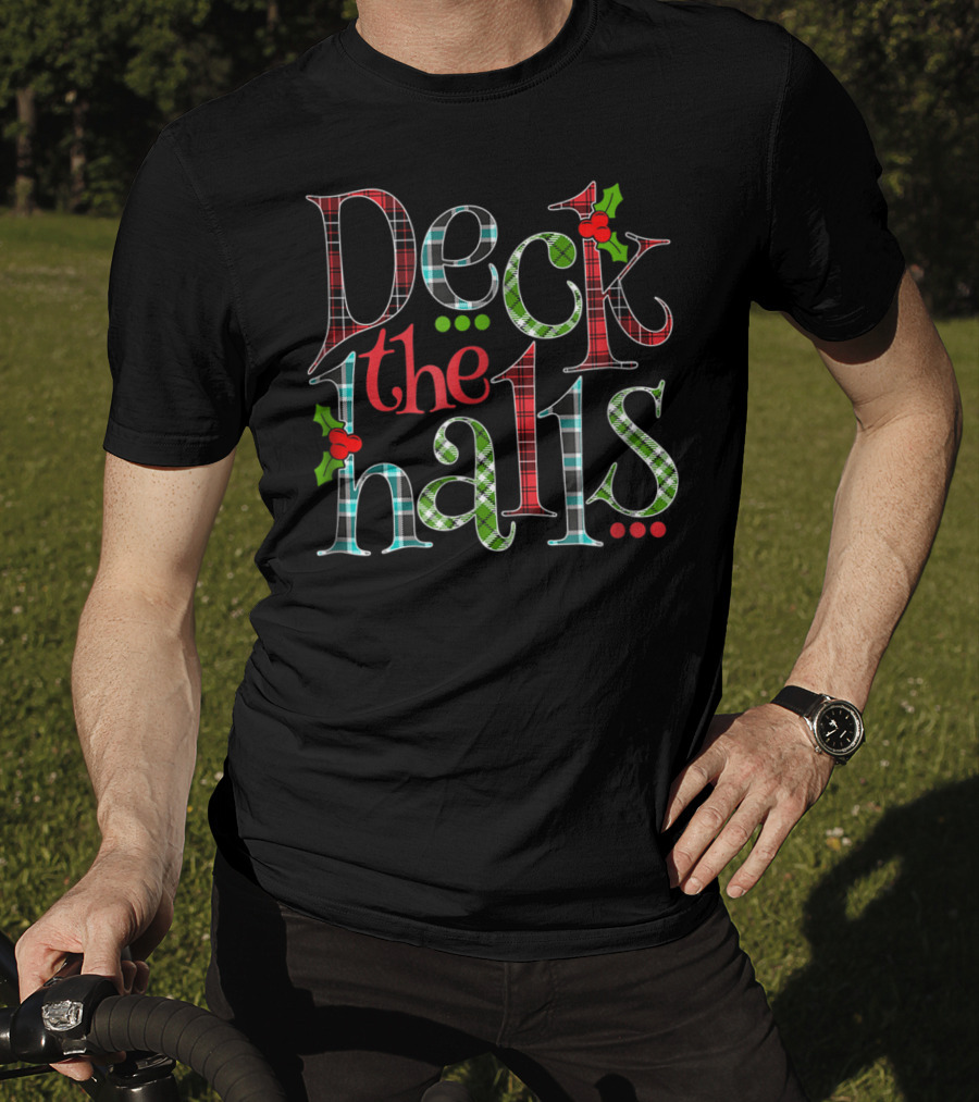 Mens Deck The Halls Holiday Plaid Holly Christmas T-Shirt