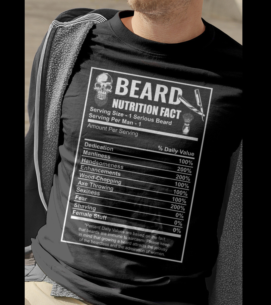 Beard Nutrition Facts Bearded Skull Serving Size Humor Men's Daily Values T-Shirt