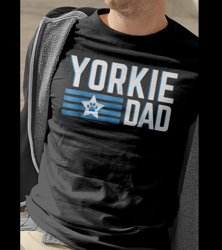 Yorkie Dad Yorkshire Terrier Dad Blue Paw Print Star T-Shirt