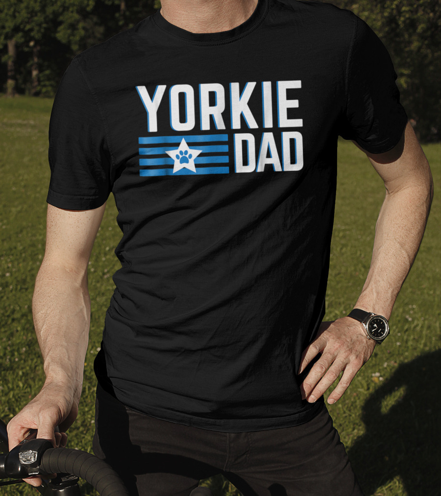 Yorkie Dad Yorkshire Terrier Dad Blue Paw Print Star T-Shirt