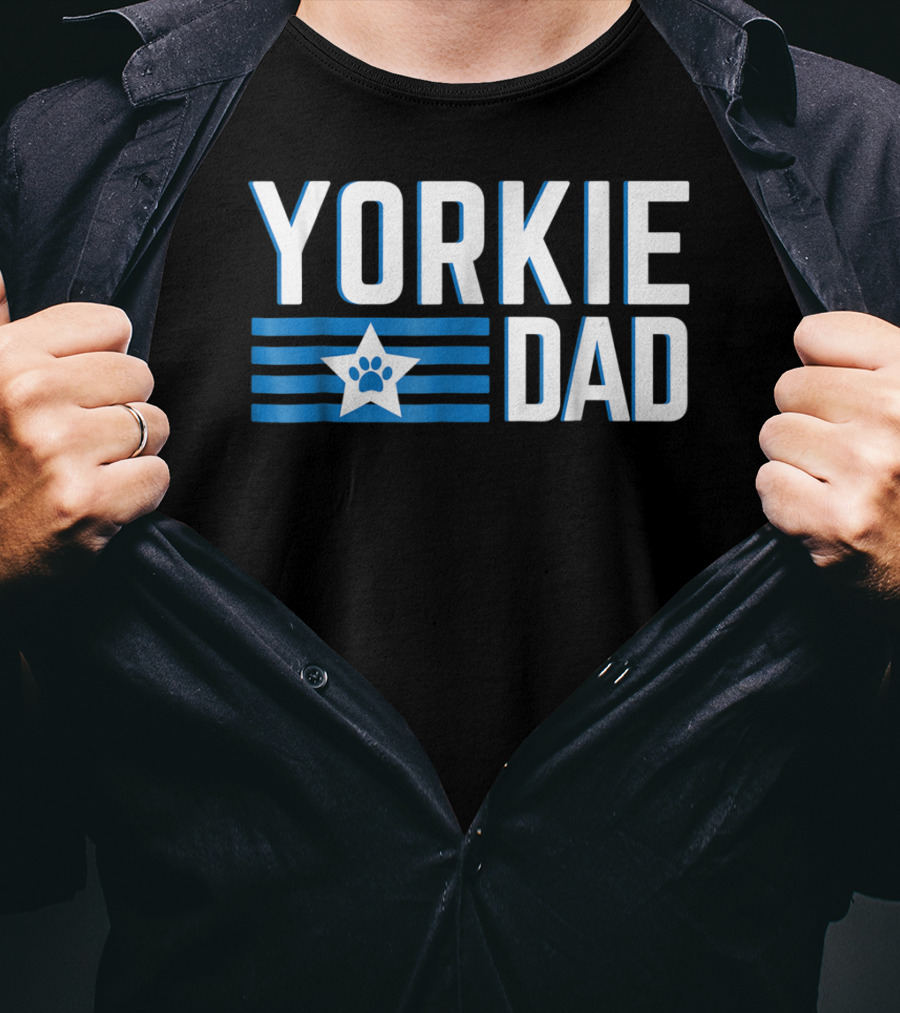 Yorkie Dad Yorkshire Terrier Dad Blue Paw Print Star T-Shirt