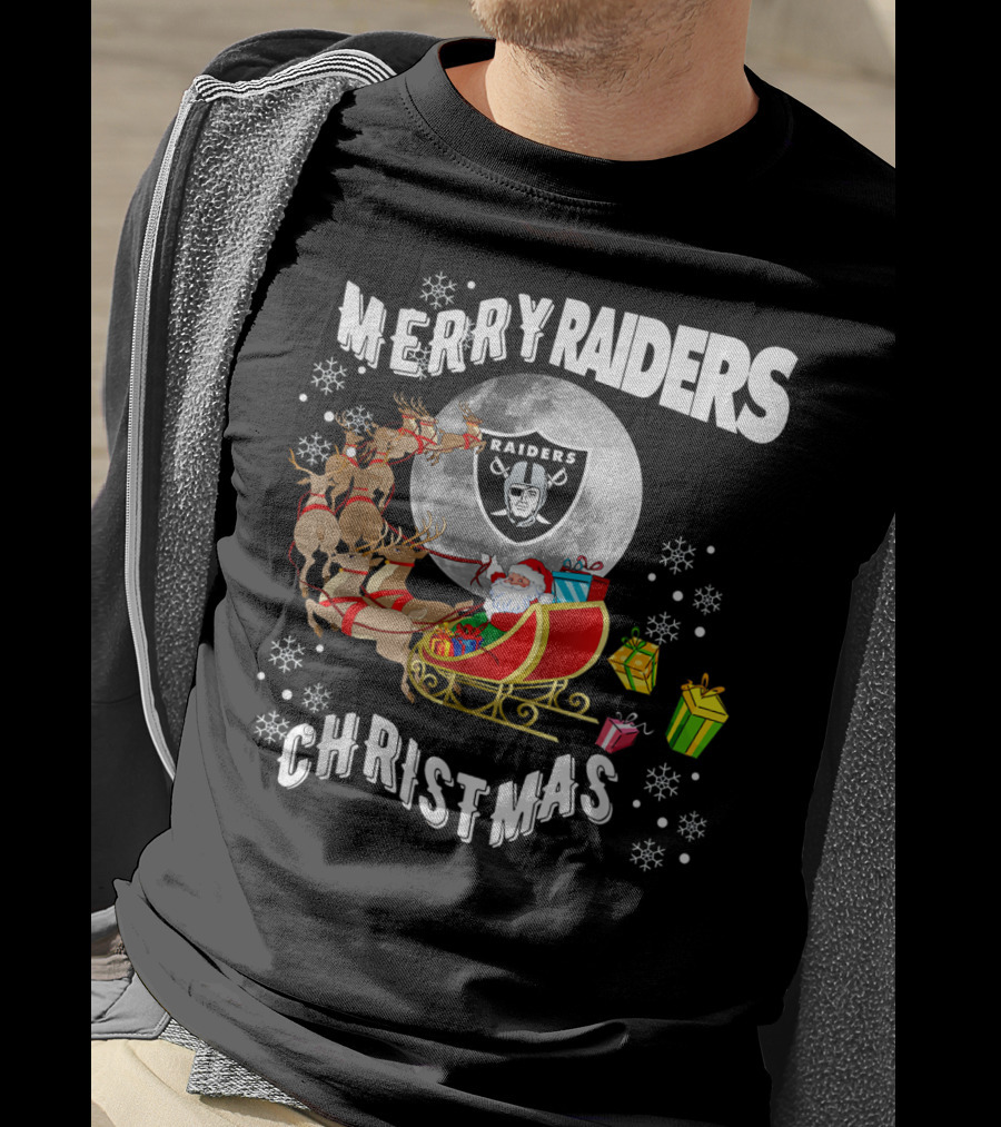 Merry Raiders Christmas Santa Sleigh Snowflakes Reindeer Presents T-Shirt