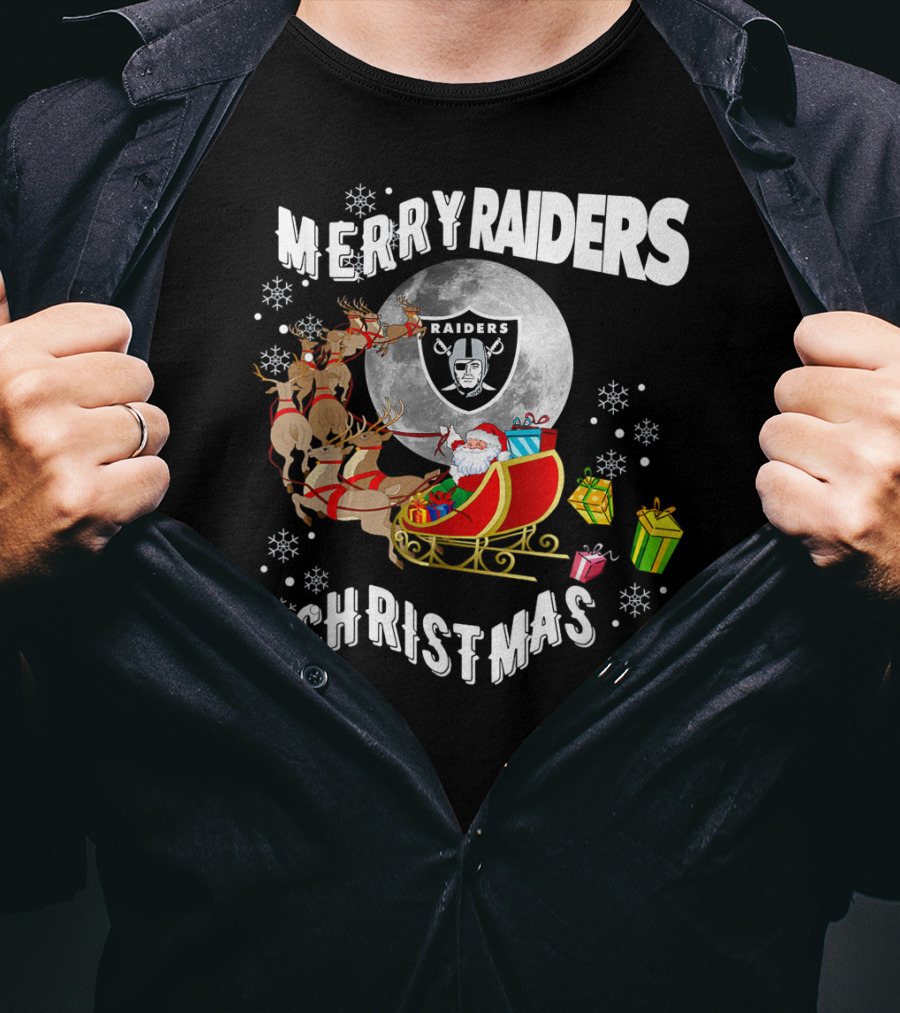 Merry Raiders Christmas Santa Sleigh Snowflakes Reindeer Presents T-Shirt