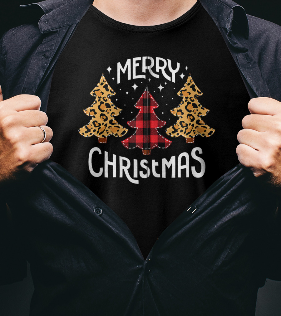 Merry Christmas Leopard And Red Buffalo Plaid Trees T-Shirt
