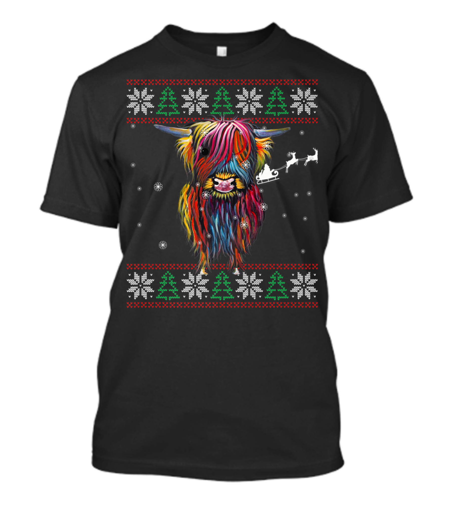 Festive Rainbow Highland Cow With Santa Sleigh And Snowflakes Christmas T-Shirt