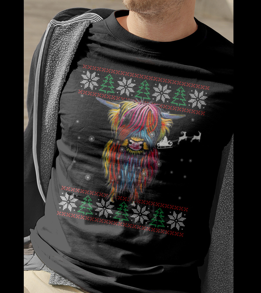 Festive Rainbow Highland Cow With Santa Sleigh And Snowflakes Christmas T-Shirt
