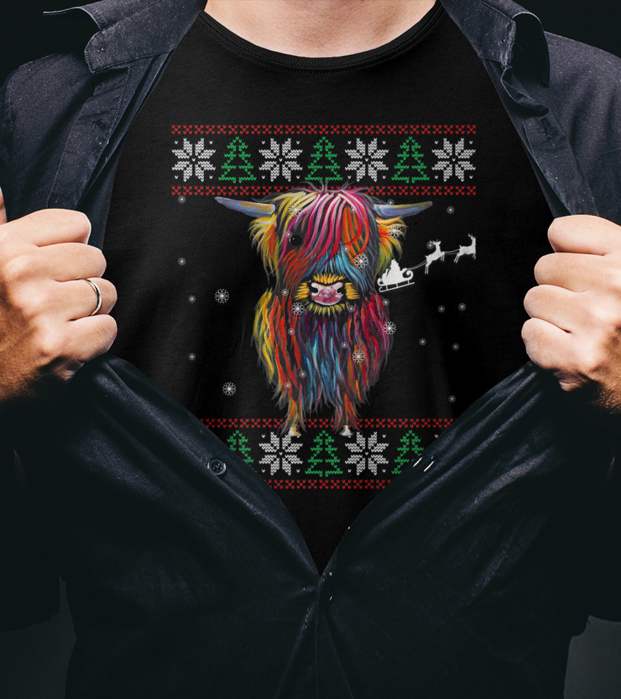 Festive Rainbow Highland Cow With Santa Sleigh And Snowflakes Christmas T-Shirt