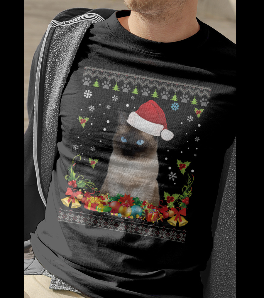 Merry Christmas Siamese Cat UglySweater Santa Hat Snowflake Ornaments T-Shirt