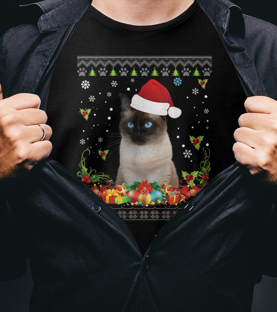 Merry Christmas Siamese Cat UglySweater Santa Hat Snowflake Ornaments T-Shirt