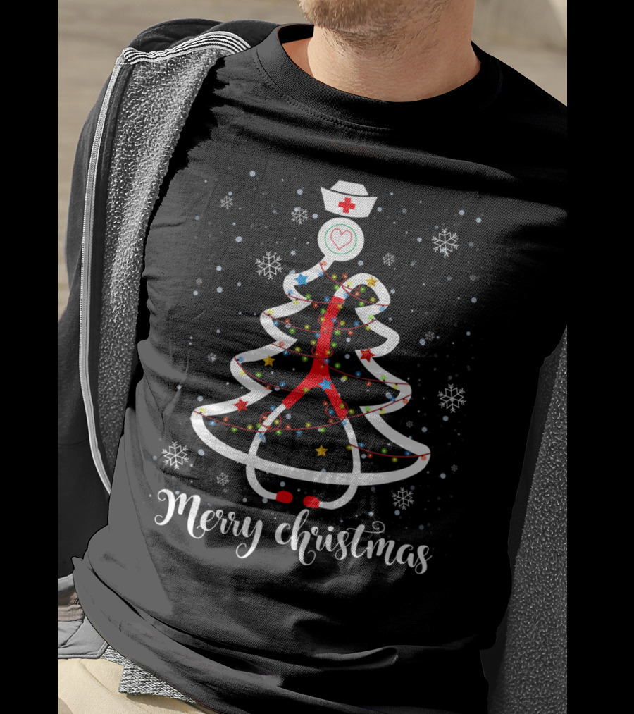 Merry Christmas Nurse Stethoscope Tree With Snowflakes And Stars T-Shirt