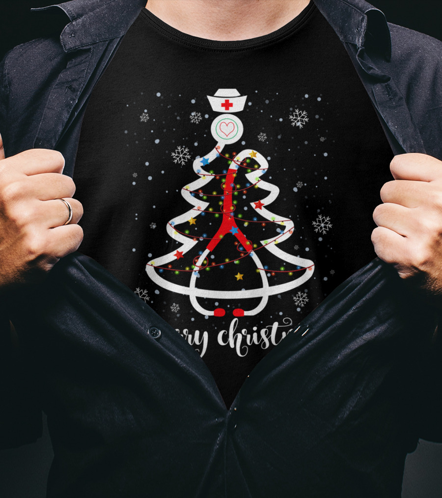 Merry Christmas Nurse Stethoscope Tree With Snowflakes And Stars T-Shirt
