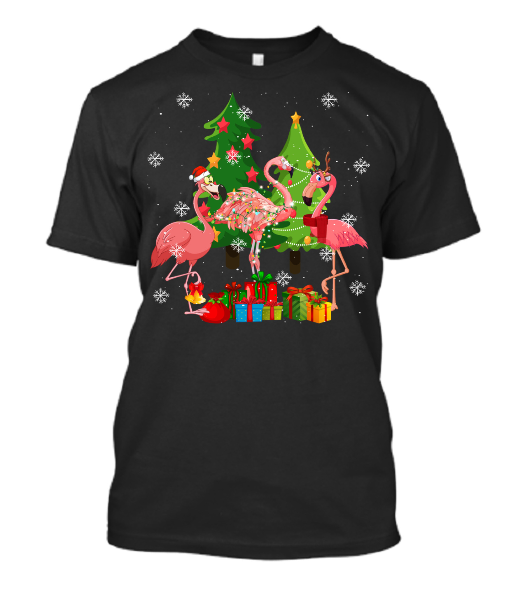 Merry Flocking Christmas Cute Flamingo Snowflake Presents T-Shirt