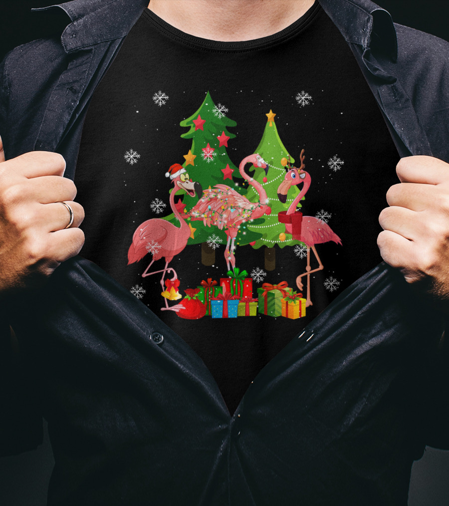 Merry Flocking Christmas Cute Flamingo Snowflake Presents T-Shirt