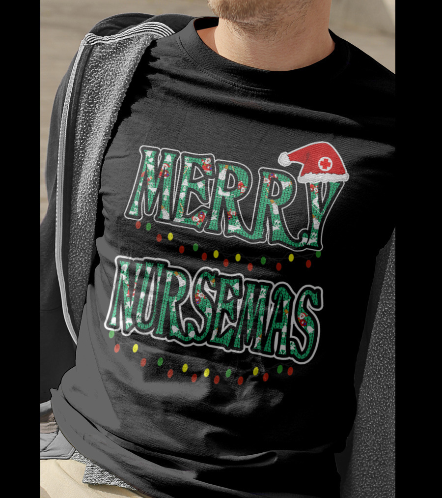 Merry Nursemas Christmas Santa Hat Lights T-Shirt