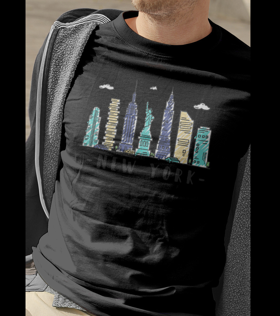 New York Skyline NYC Watercolor Landmarks Statue Of Liberty T-Shirt