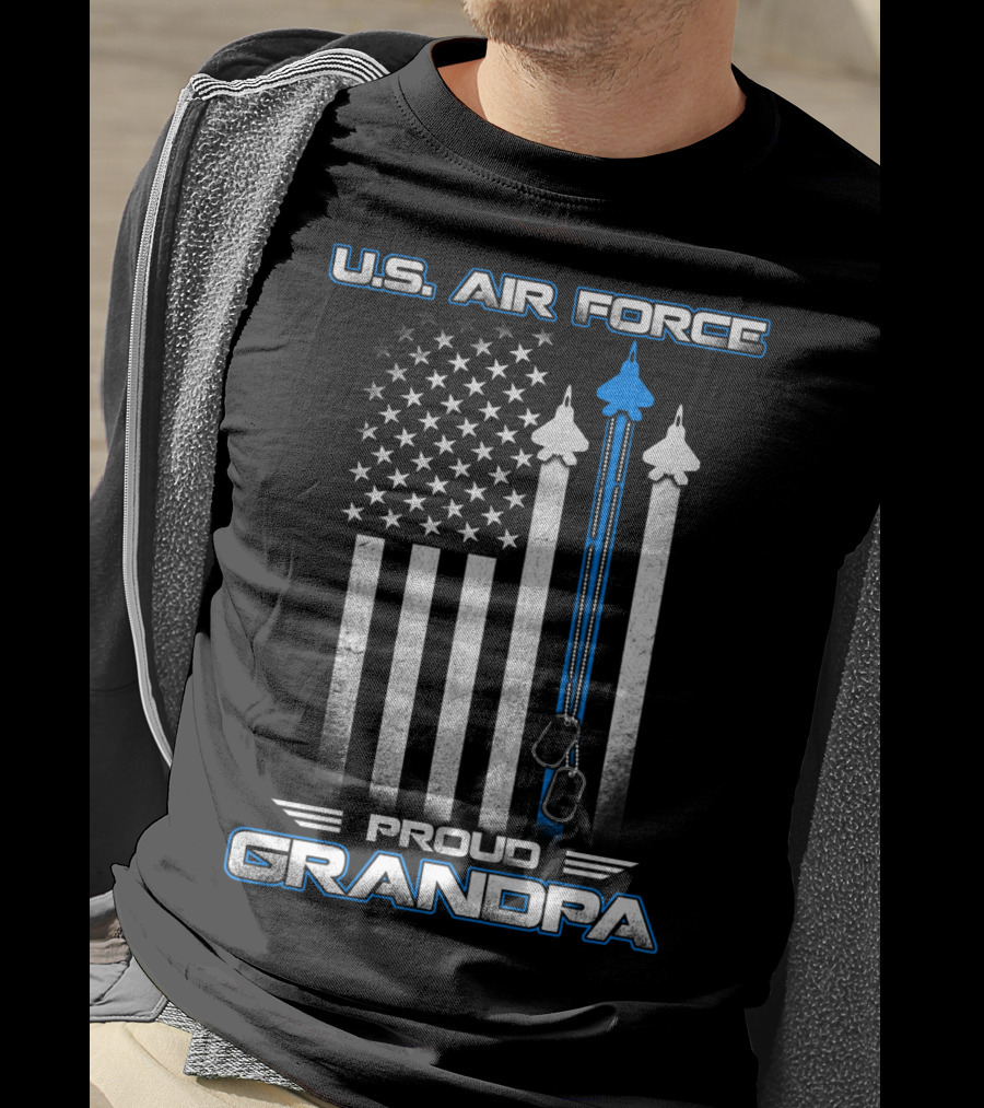 U.S. Air Force Proud Grandpa Flag And Fighter Jets With Dog Tags T-Shirt