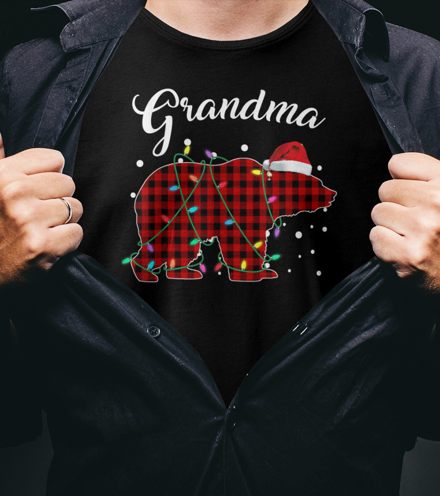 Grandma Bear Red Plaid Buffalo Christmas Lights T-Shirt