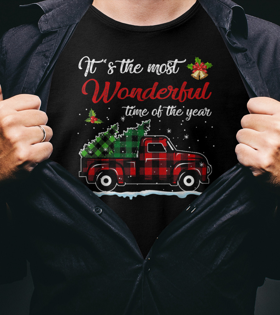 It's The Most Wonderful Time Of The Year Red Plaid Truck And Christmas Tree Decorations T-Shirt