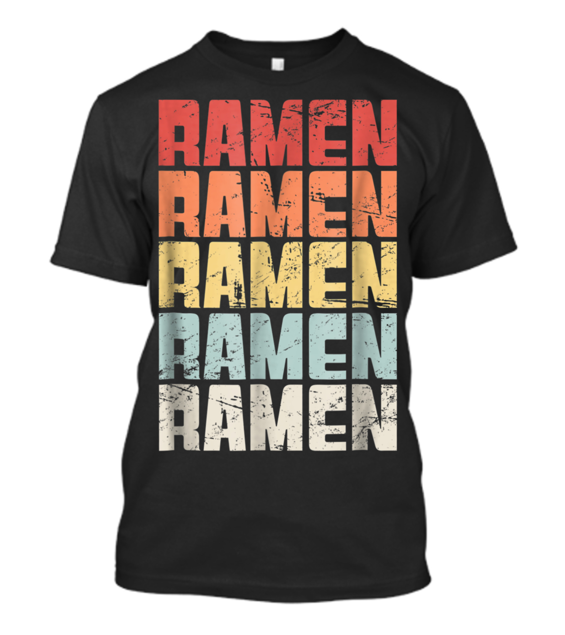 Retro Distressed Multicolor Ramen Repeated Text T-Shirt