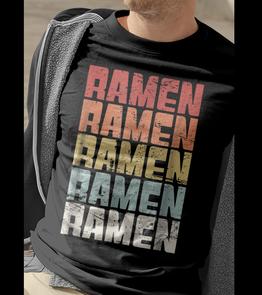 Retro Distressed Multicolor Ramen Repeated Text T-Shirt