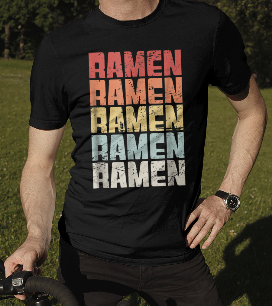 Retro Distressed Multicolor Ramen Repeated Text T-Shirt