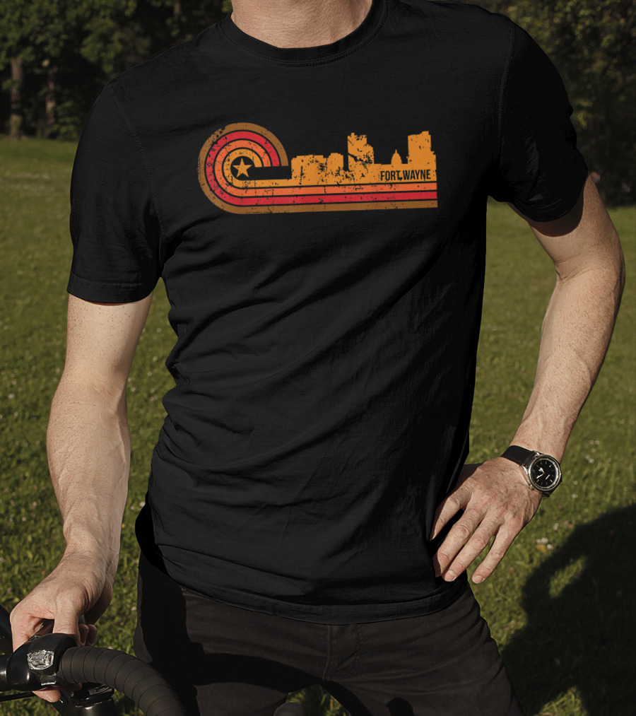 Retro Fort Wayne Indiana Skyline With Star And Stripes T-Shirt